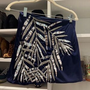 OCEANUS Chic Navy Blue Skirt with Silver Leaf Design